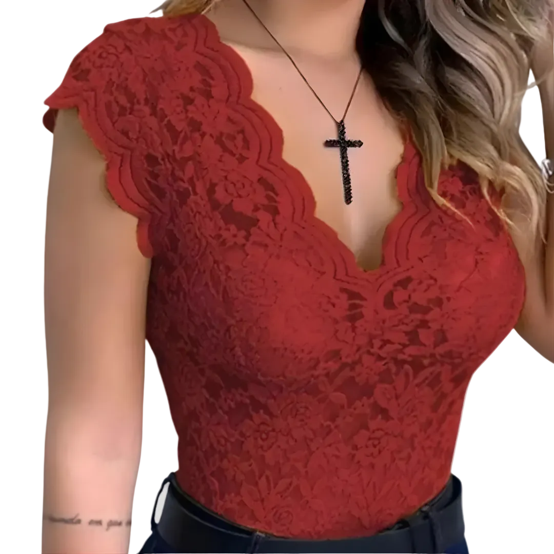 Damen Spitzentop mit tiefem V-Ausschnitt | Ärmelloses Sommertop mit filigraner Spitzenoptik und taillierter Passform für elegante Outfits