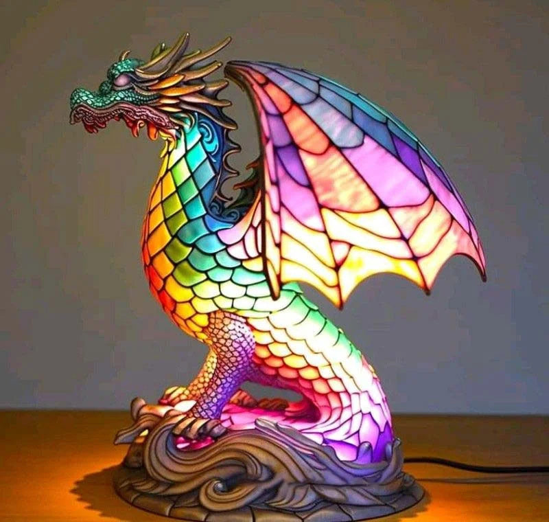 Tischlampe aus Buntglas mit Tiermotiv | Handgefertigt aus Glas &amp; Metall | Farbwechsel-LED, kompakt 20 × 15 × 12 cm
