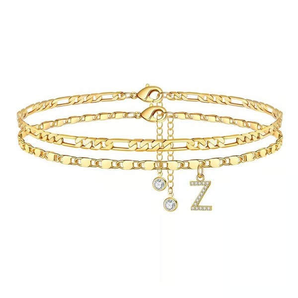 Chaîne de cheville lettres multicouches et réglable | Hypoallergénique, sans nickel ni plomb | Or/argent | 21,5 cm + 5 cm