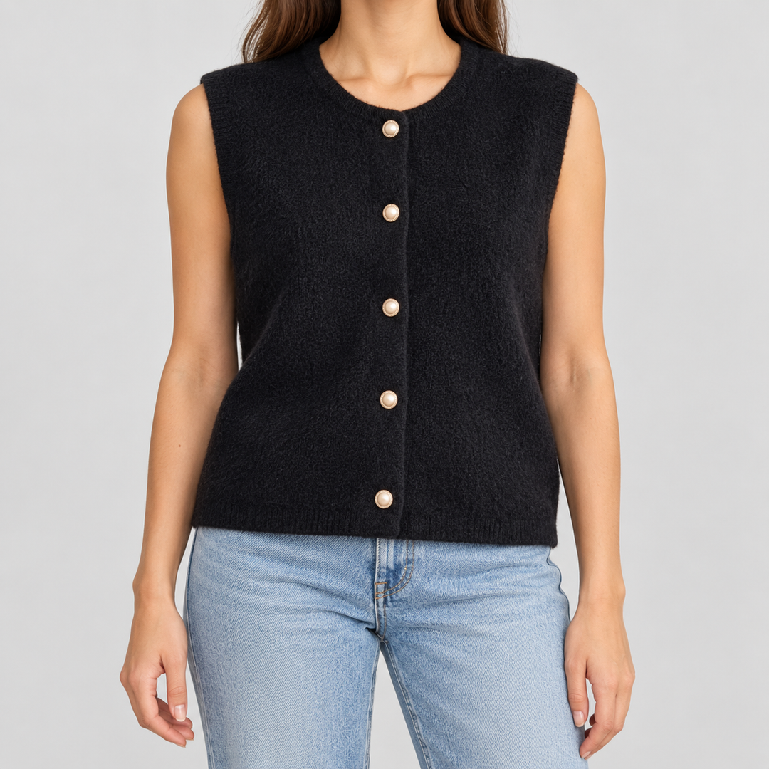 Damen Strickweste ärmellos mit Rundhalsausschnitt | Strukturierte Weste mit Knopfleiste und geradem Saum für vielseitige Looks