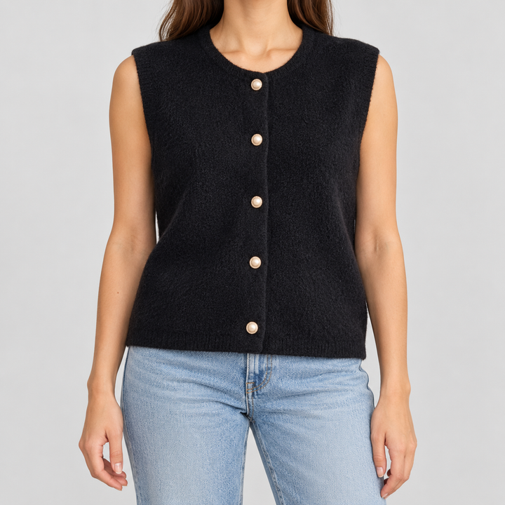 Damen Strickweste ärmellos mit Rundhalsausschnitt | Strukturierte Weste mit Knopfleiste und geradem Saum für vielseitige Looks
