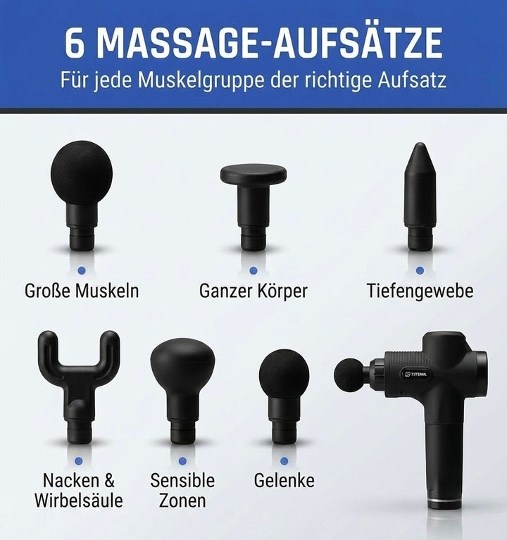 Massagepistole | 30 Intensitätsstufen, 6 Massageköpfe und 6 Stunden Akkulaufzeit