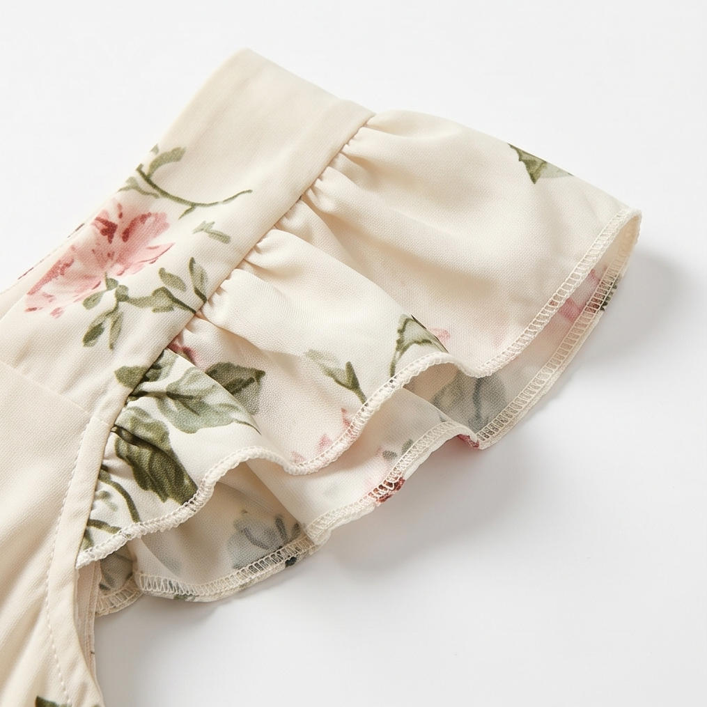 Damen Maxikleid floral plissiert | Quadratischer Ausschnitt &amp; Rüschenärmel | Hohe Taille für schmeichelnde Silhouette