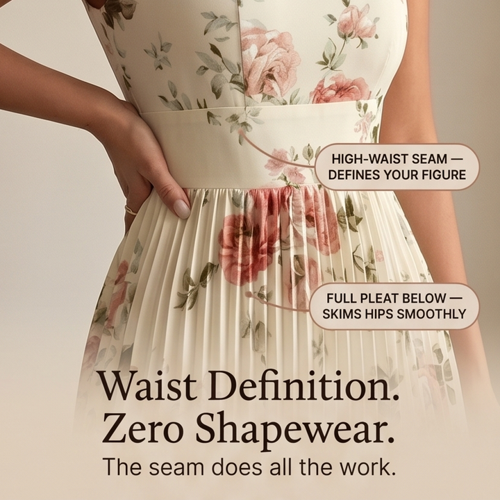 Damen Maxikleid floral plissiert | Quadratischer Ausschnitt &amp; Rüschenärmel | Hohe Taille für schmeichelnde Silhouette