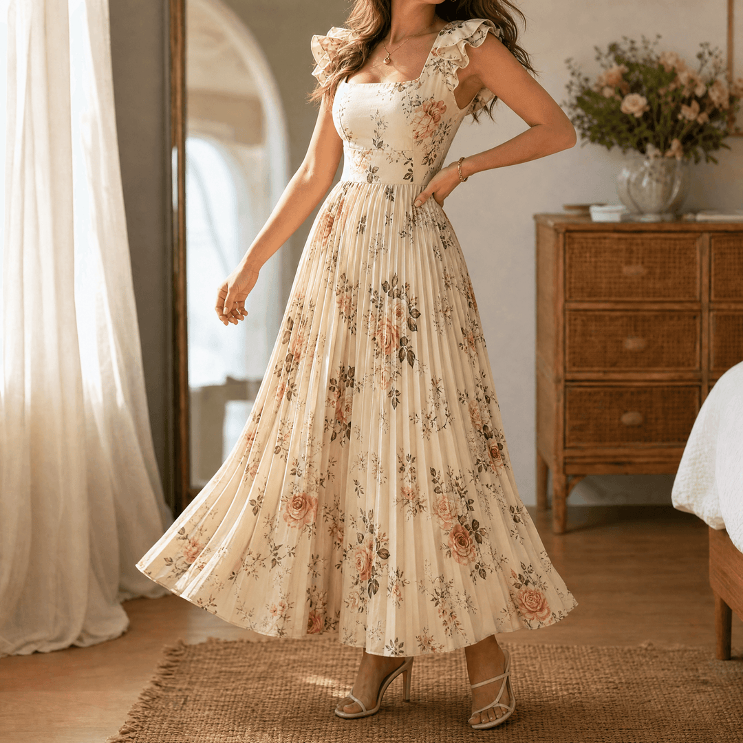 Damen Maxikleid floral plissiert | Quadratischer Ausschnitt &amp; Rüschenärmel | Hohe Taille für schmeichelnde Silhouette