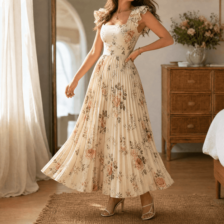 Damen Maxikleid floral plissiert | Quadratischer Ausschnitt &amp; Rüschenärmel | Hohe Taille für schmeichelnde Silhouette