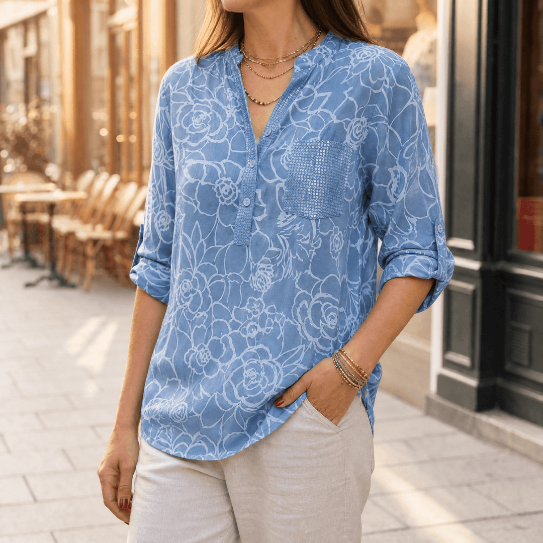 Damen Blumenbluse | Lockere Tunika mit Pailletten-Brusttasche, Henley-Ausschnitt und 3/4-Ärmeln