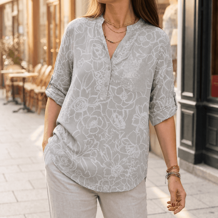 Damen Blumenbluse | Lockere Tunika mit Pailletten-Brusttasche, Henley-Ausschnitt und 3/4-Ärmeln