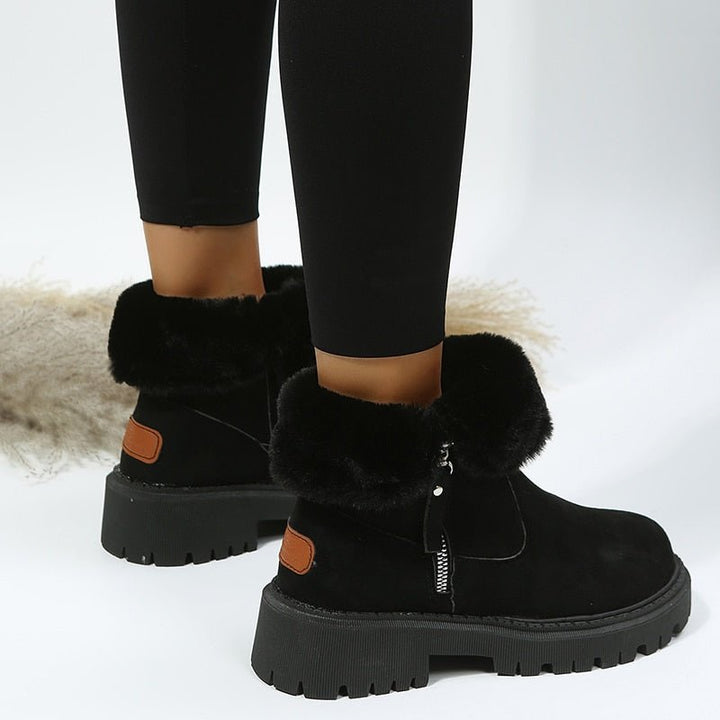 Damen Stiefeletten mit Fellfutter | Gefütterte Wildlederstiefel mit Reißverschluss, Fellkragen und robuster Sohle für den Winter