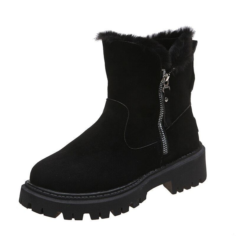 Damen Stiefeletten mit Fellfutter | Gefütterte Wildlederstiefel mit Reißverschluss, Fellkragen und robuster Sohle für den Winter