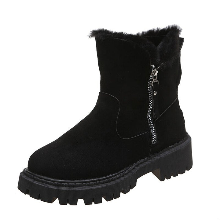 Damen Stiefeletten mit Fellfutter | Gefütterte Wildlederstiefel mit Reißverschluss, Fellkragen und robuster Sohle für den Winter