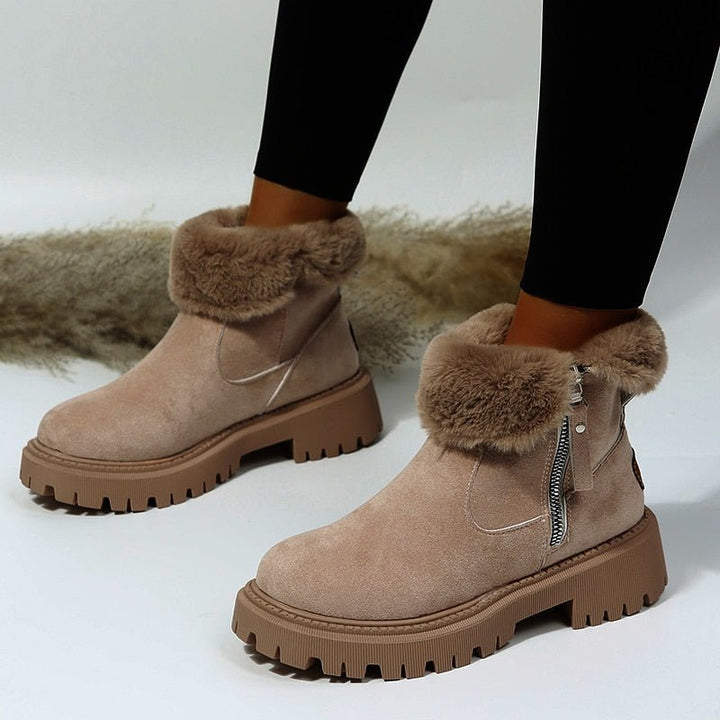 Damen Stiefeletten mit Fellfutter | Gefütterte Wildlederstiefel mit Reißverschluss, Fellkragen und robuster Sohle für den Winter