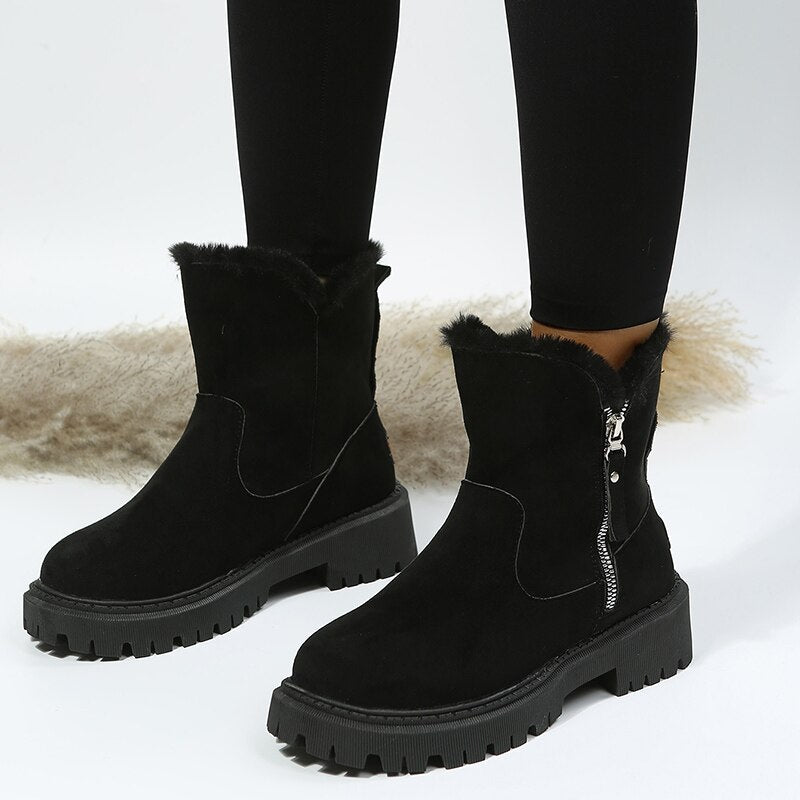 Damen Stiefeletten mit Fellfutter | Gefütterte Wildlederstiefel mit Reißverschluss, Fellkragen und robuster Sohle für den Winter