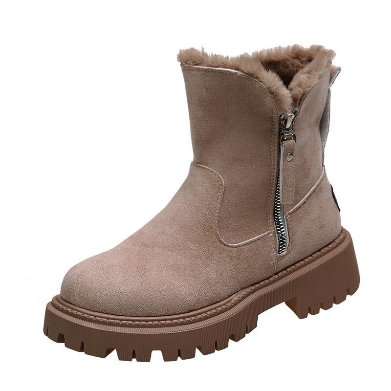 Damen Stiefeletten mit Fellfutter | Gefütterte Wildlederstiefel mit Reißverschluss, Fellkragen und robuster Sohle für den Winter