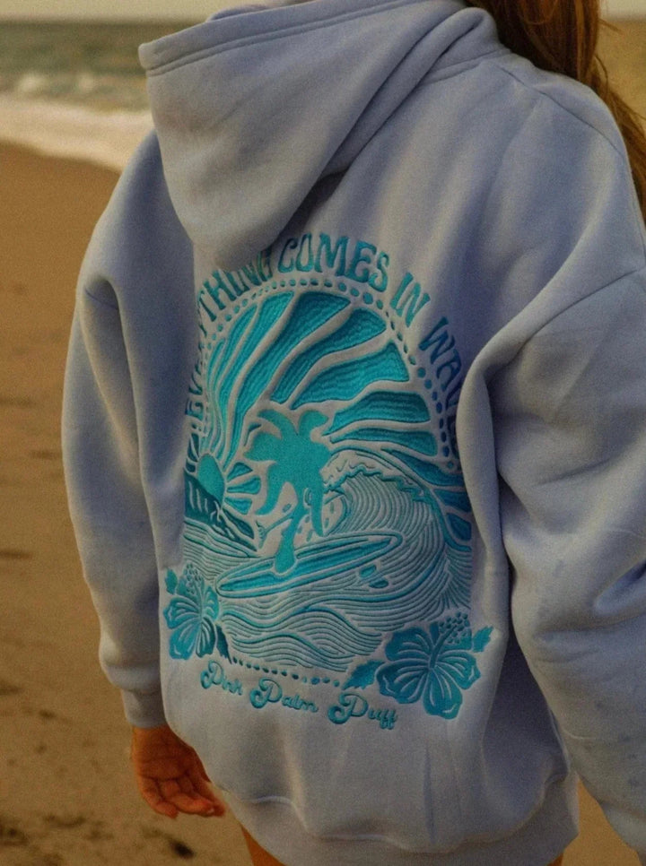 Damen Hoodie mit Sonnenuntergang-Stickerei | Weich &amp; warm im Oversize-Look | Wellen-Design hinten, maschinenwaschbar