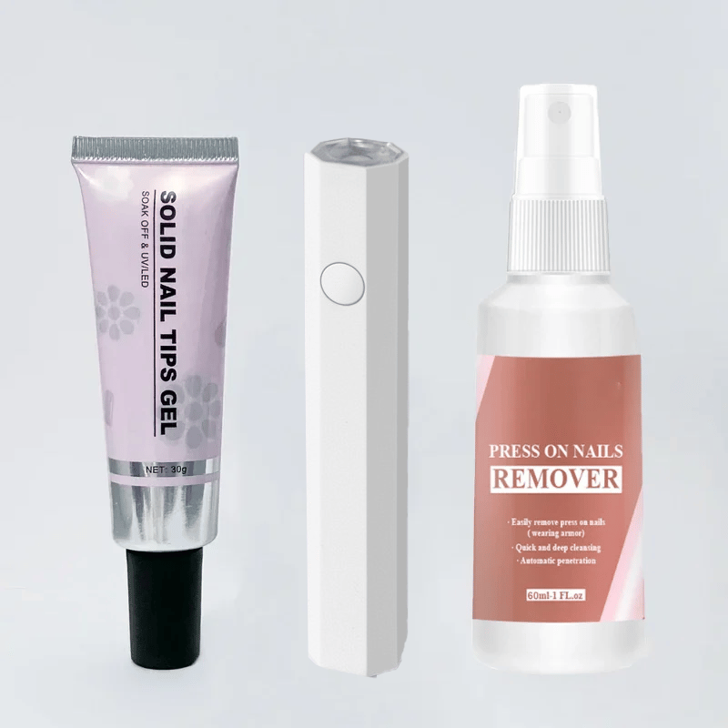 3-in-1 nail art set | Nail glue gel 30 ml + nail glue remover + portable UV nail lamp | For press-on &amp; tips