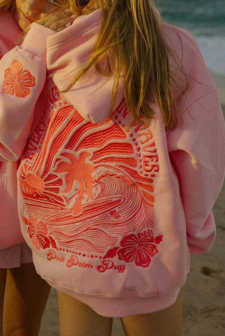 Damen Hoodie mit Sonnenuntergang-Stickerei | Weich &amp; warm im Oversize-Look | Wellen-Design hinten, maschinenwaschbar