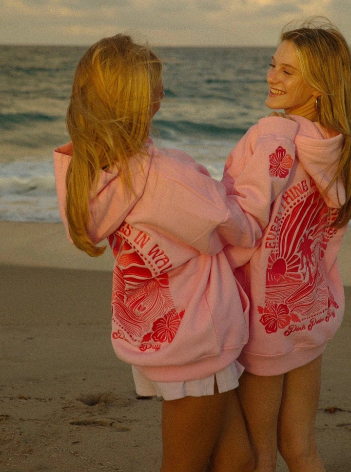 Damen Hoodie mit Sonnenuntergang-Stickerei | Weich &amp; warm im Oversize-Look | Wellen-Design hinten, maschinenwaschbar