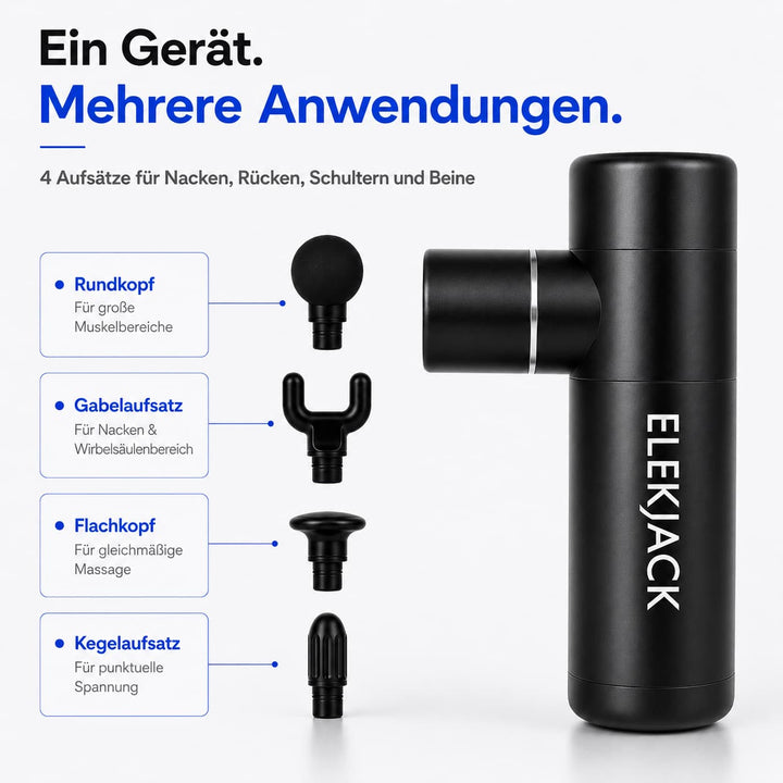 Massagepistole | Kompaktes Muskelmassagegerät mit 4 Aufsätzen und 4 Intensitätsstufen