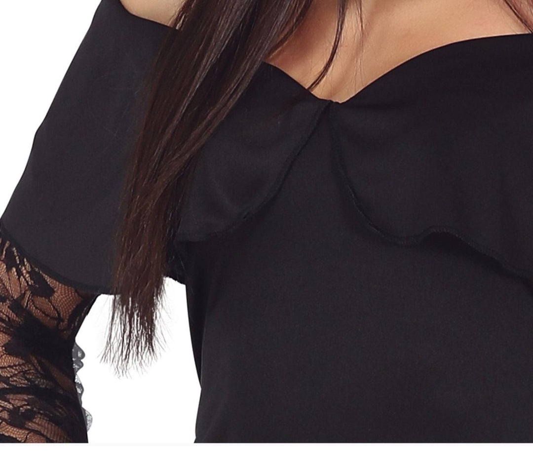 Damen Halloween Kostüm Schwarz | Gothic Kleid im Addams-Family-Stil für Halloween, Horrorparty und Mottoparty