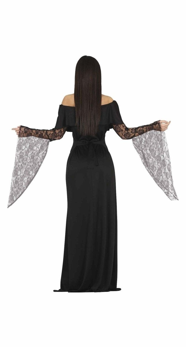 Damen Halloween Kostüm Schwarz | Gothic Kleid im Addams-Family-Stil für Halloween, Horrorparty und Mottoparty