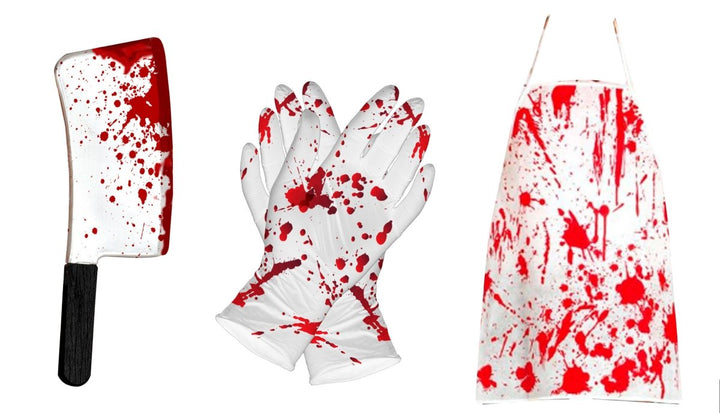 Halloween Horror Accessoire Set | 3-teiliges Kostüm Zubehör mit Messer, Handschuhen und Schürze für Halloween und Mottoparty