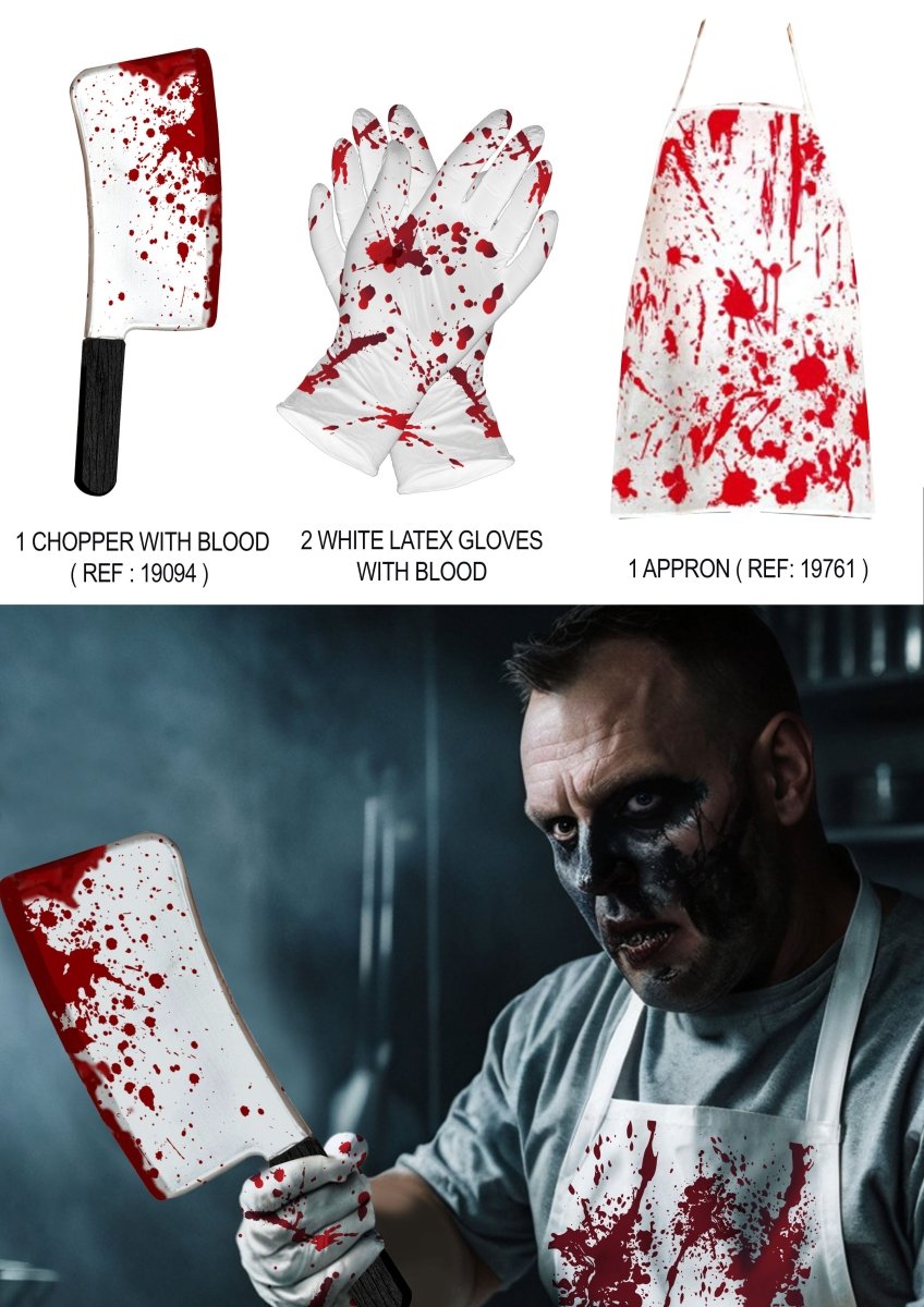 Halloween Horror Accessoire Set | 3-teiliges Kostüm Zubehör mit Messer, Handschuhen und Schürze für Halloween und Mottoparty