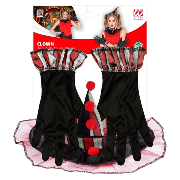 Halloween Clown Accessoire Set Dunkel | 3-teiliges Kostüm Zubehör mit Mini-Mütze, Kragen und Handschuhen für Mottopartys