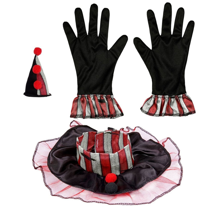Halloween Clown Accessoire Set Dunkel | 3-teiliges Kostüm Zubehör mit Mini-Mütze, Kragen und Handschuhen für Mottopartys