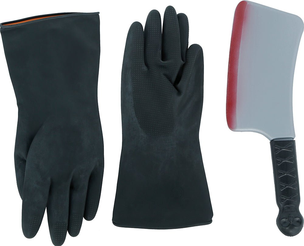 Halloween Metzger Accessoire Set | 4-teiliges Horror Kostüm Zubehör mit Messer, Schürze und Handschuhen für Mottopartys