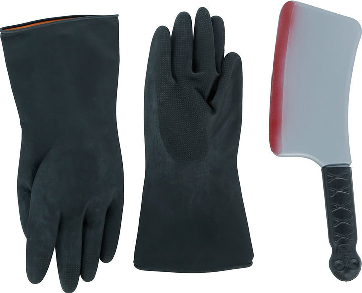 Halloween Metzger Accessoire Set | 4-teiliges Horror Kostüm Zubehör mit Messer, Schürze und Handschuhen für Mottopartys