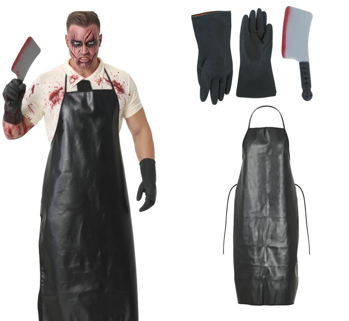 Halloween Metzger Accessoire Set | 4-teiliges Horror Kostüm Zubehör mit Messer, Schürze und Handschuhen für Mottopartys