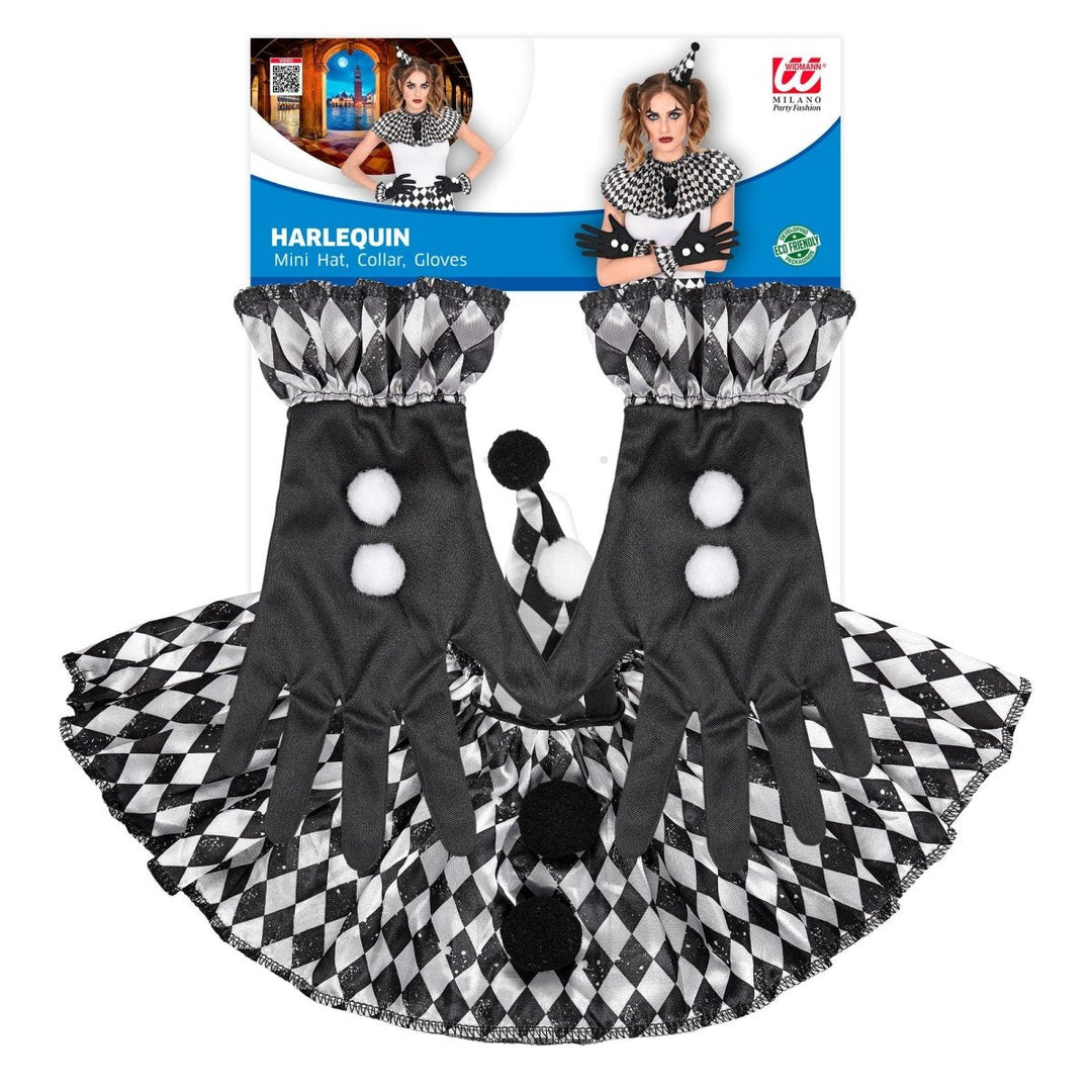 Halloween Harlekin Accessoire Set Schwarz Weiß | 3-teiliges Kostüm Zubehör mit Mini-Mütze, Kragen und Handschuhen