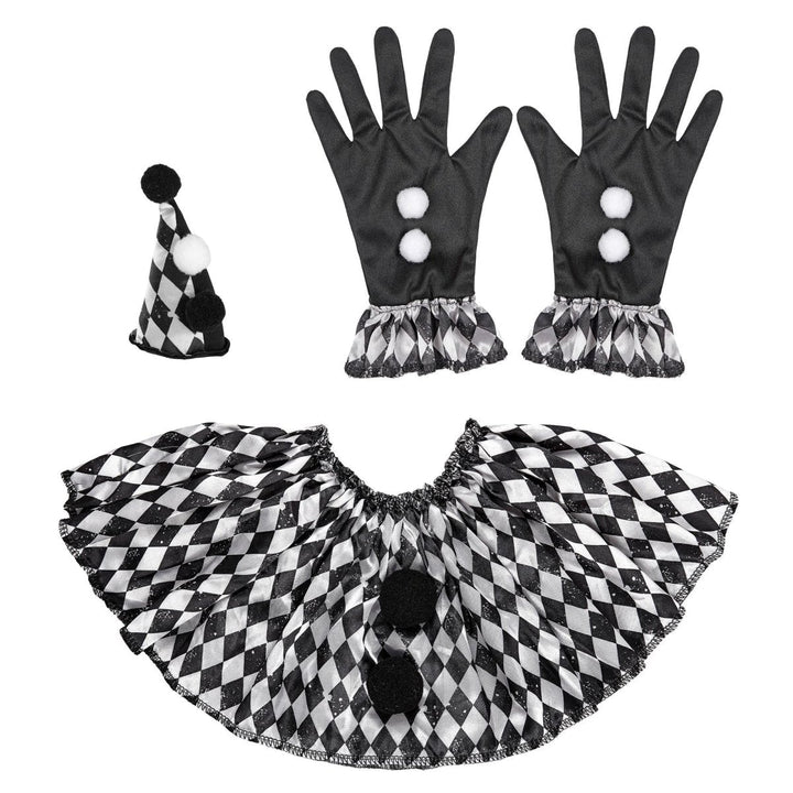 Halloween Harlekin Accessoire Set Schwarz Weiß | 3-teiliges Kostüm Zubehör mit Mini-Mütze, Kragen und Handschuhen