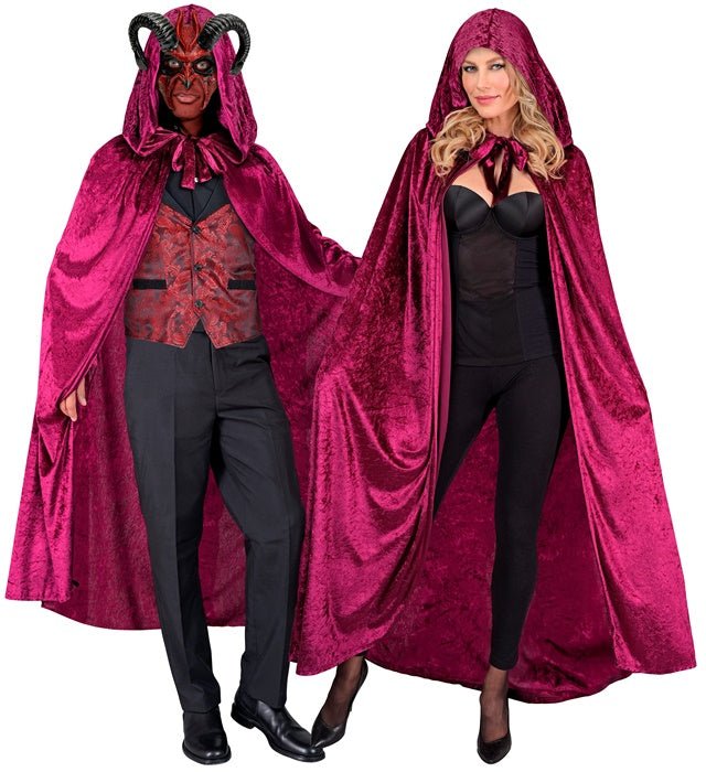 Halloween Samtumhang Rot 140 cm | Burgunderroter Umhang mit Kapuze für Vampir, Hexen, Fantasy und Kostümpartys