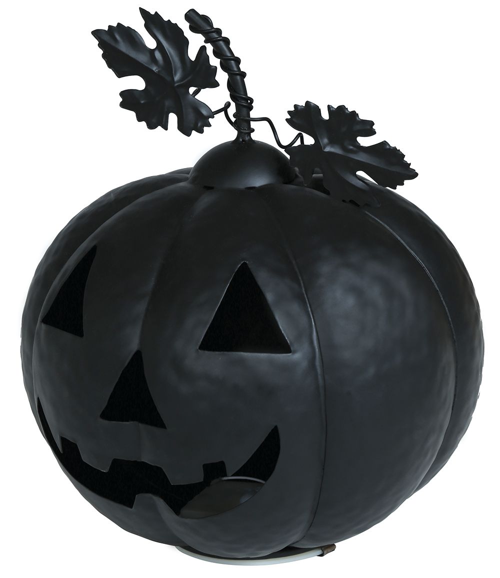 Halloween Kürbis mit Licht 16 cm | Schwarzer leuchtender Deko-Kürbis für Tisch, Fensterbank und Halloween-Partys