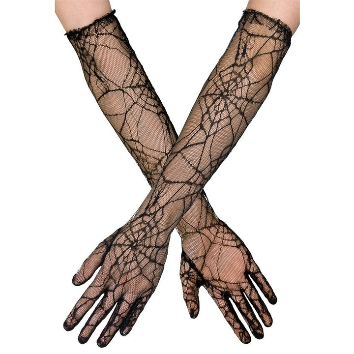 Halloween Spinnennetz Handschuhe Schwarz | Lange Kostümhandschuhe 39 cm für Erwachsene, Hexen Kostüm und Mottopartys