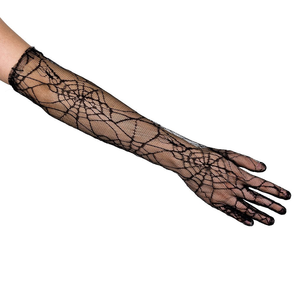Halloween Spinnennetz Handschuhe Schwarz | Lange Kostümhandschuhe 39 cm für Erwachsene, Hexen Kostüm und Mottopartys