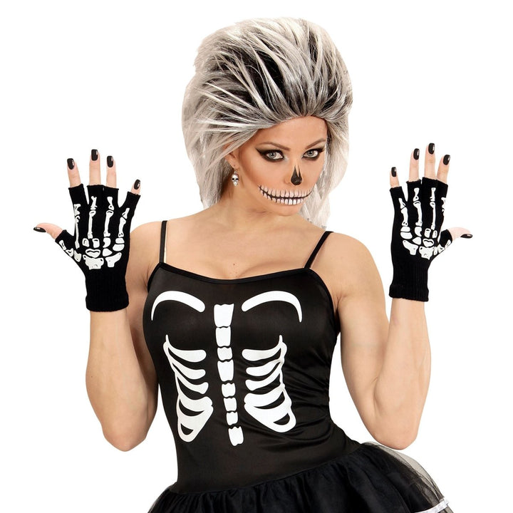 Halloween Skelett Handschuhe Schwarz Weiß | Fingerlose Knochenhandschuhe Größe M/L für Skelett Kostüm und Mottoparty