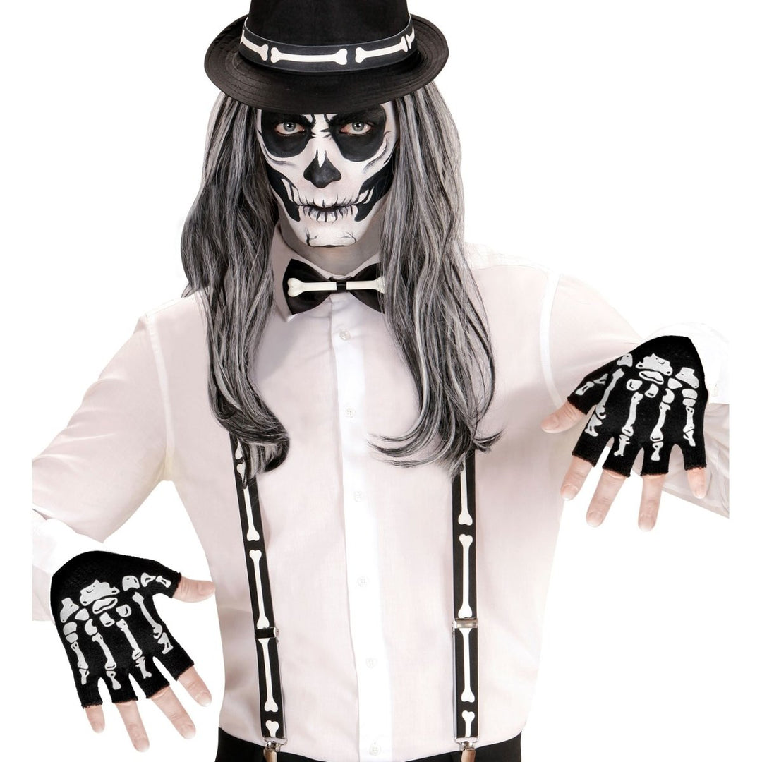 Halloween Skelett Handschuhe Schwarz Weiß | Fingerlose Knochenhandschuhe Größe M/L für Skelett Kostüm und Mottoparty