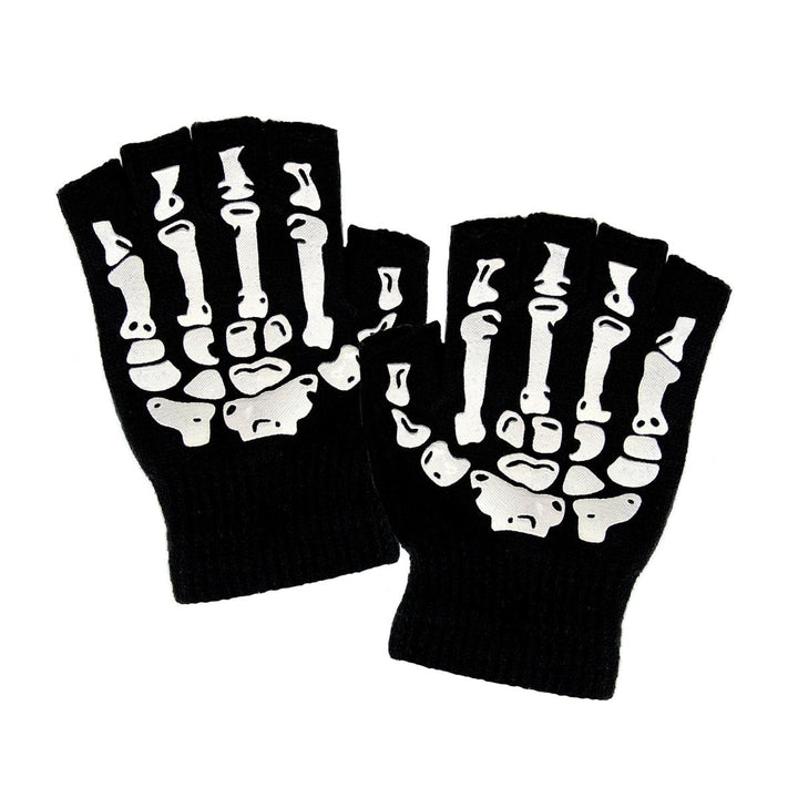 Halloween Skelett Handschuhe Schwarz Weiß | Fingerlose Knochenhandschuhe Größe M/L für Skelett Kostüm und Mottoparty