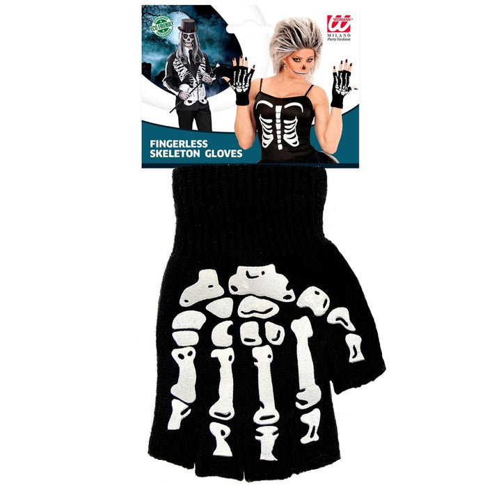 Halloween Skelett Handschuhe Schwarz Weiß | Fingerlose Knochenhandschuhe Größe M/L für Skelett Kostüm und Mottoparty