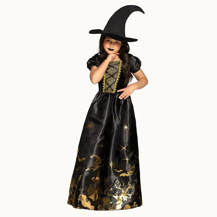 Kinder Hexenkostüm Gold | 2-teiliges Spooky Halloween Kostüm mit Kleid und Hexenhut für Karneval und Mottopartys