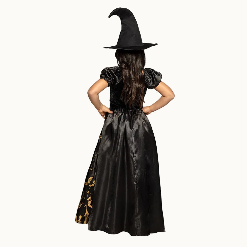 Kinder Hexenkostüm Gold | 2-teiliges Spooky Halloween Kostüm mit Kleid und Hexenhut für Karneval und Mottopartys