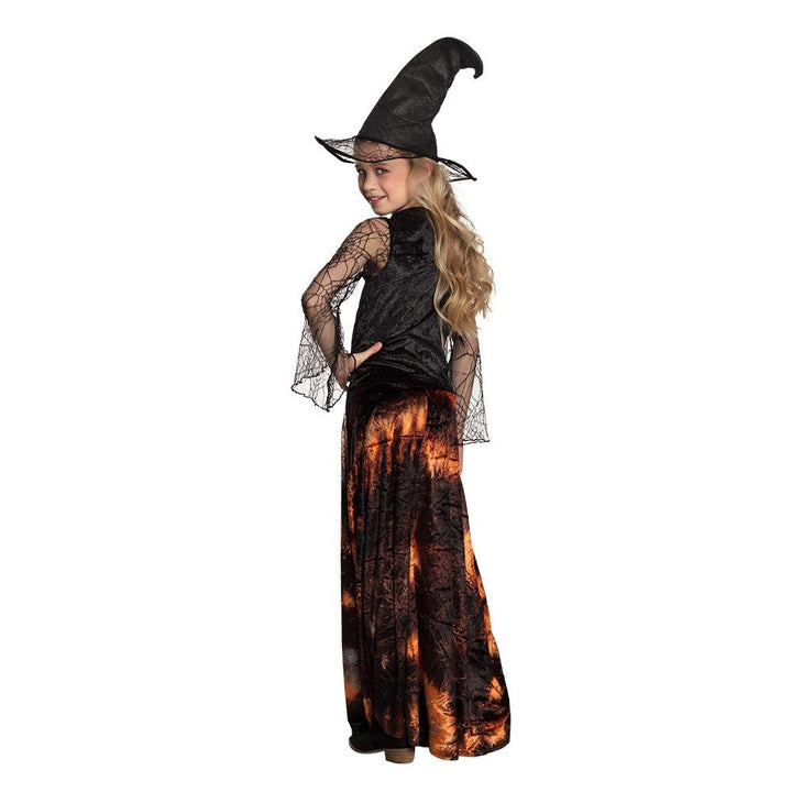 Kinder Hexenkostüm Orange | 2-teiliges Halloween Kostüm mit Kleid und Hexenhut für Halloween, Karneval und Mottoparty