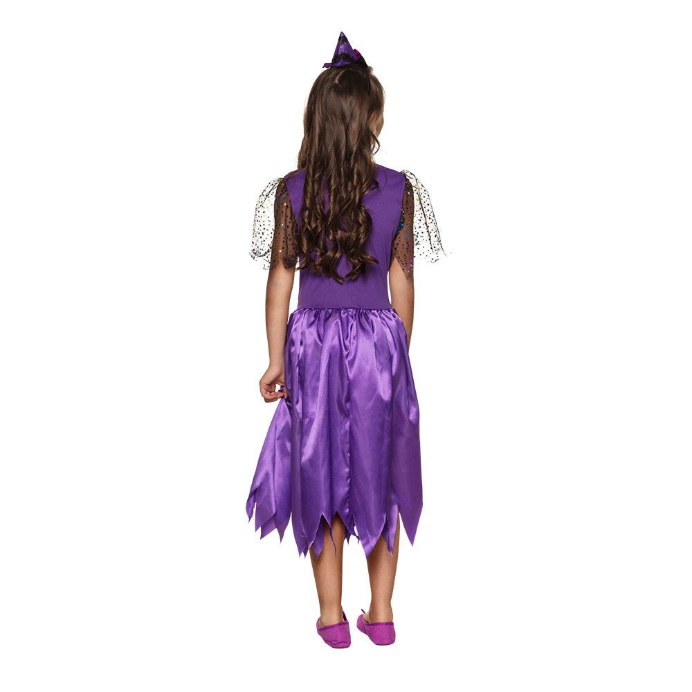 Kinder Hexenkostüm Lila Glitzer | 2-teiliges Halloween Kostüm mit Kleid und Tiara für Karneval und Mottopartys