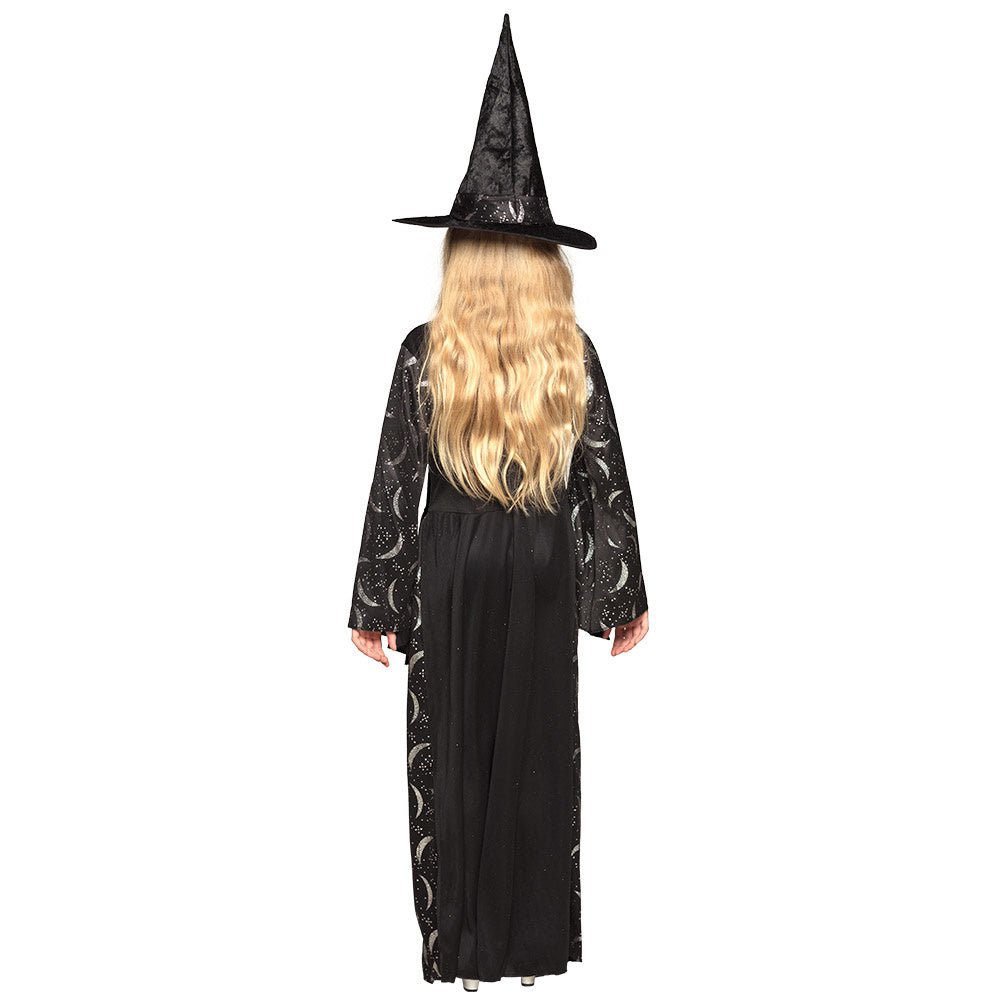 Kinder Hexenkostüm Schwarz | 2-teiliges Mitternachtshexen Halloween Kostüm mit Kleid und Hexenhut für Mottopartys