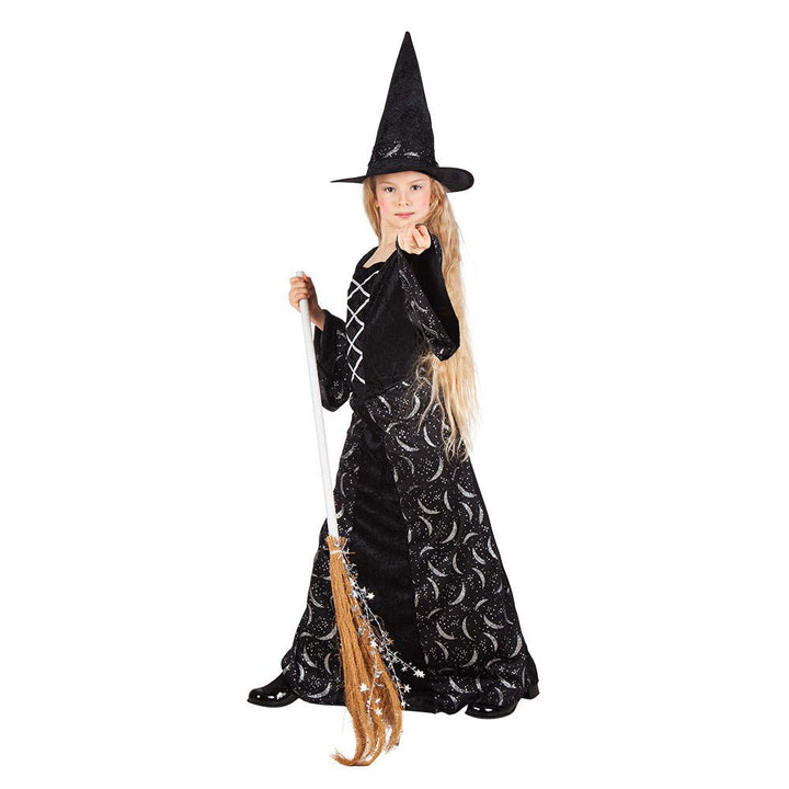 Kinder Hexenkostüm Schwarz | 2-teiliges Mitternachtshexen Halloween Kostüm mit Kleid und Hexenhut für Mottopartys