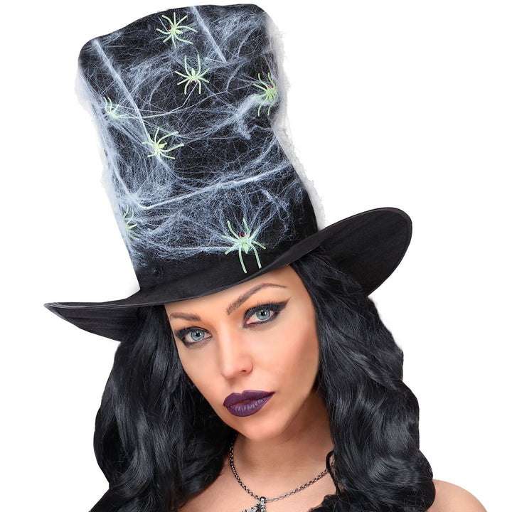 Halloween Zylinderhut | Schwarzer Hut mit Spinnennetz und Spinnen für Halloween-Kostüme und Mottopartys