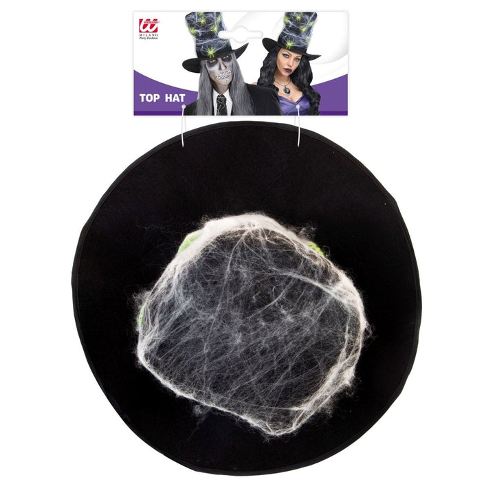 Halloween Zylinderhut | Schwarzer Hut mit Spinnennetz und Spinnen für Halloween-Kostüme und Mottopartys
